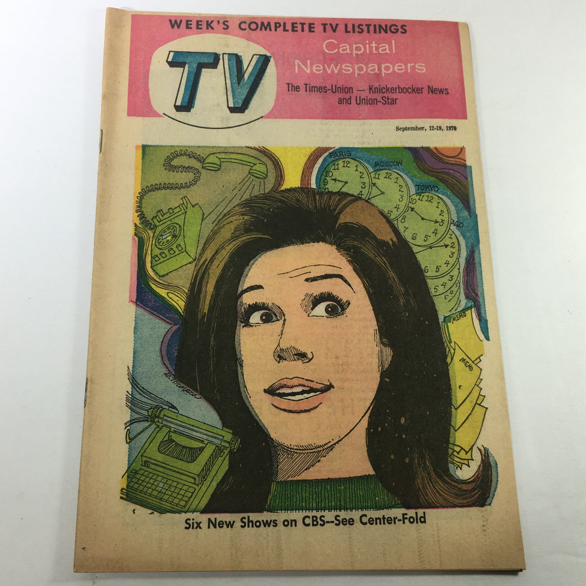 Cover of VTG TV Week's Complete TV Listings September 12-19 1970 featuring a woman with an expressive face and colorful illustrations of TVs and clocks, highlighting six new shows on CBS.