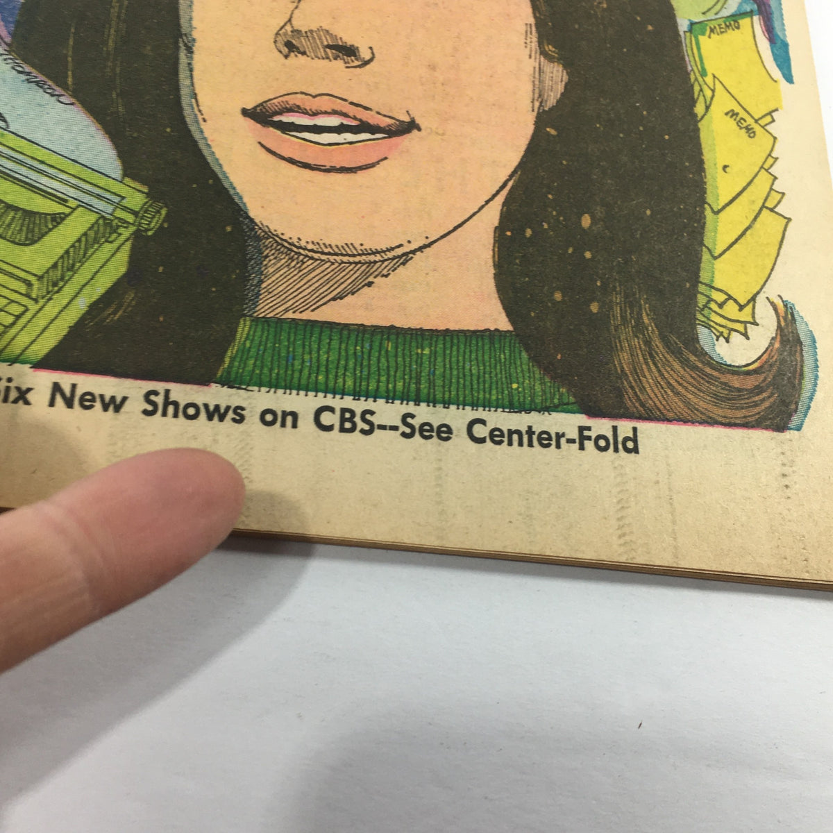 Close-up of the VTG TV Week's Complete TV Listings September 12-19 1970 cover, focusing on a woman’s smiling face and text indicating six new shows on CBS.