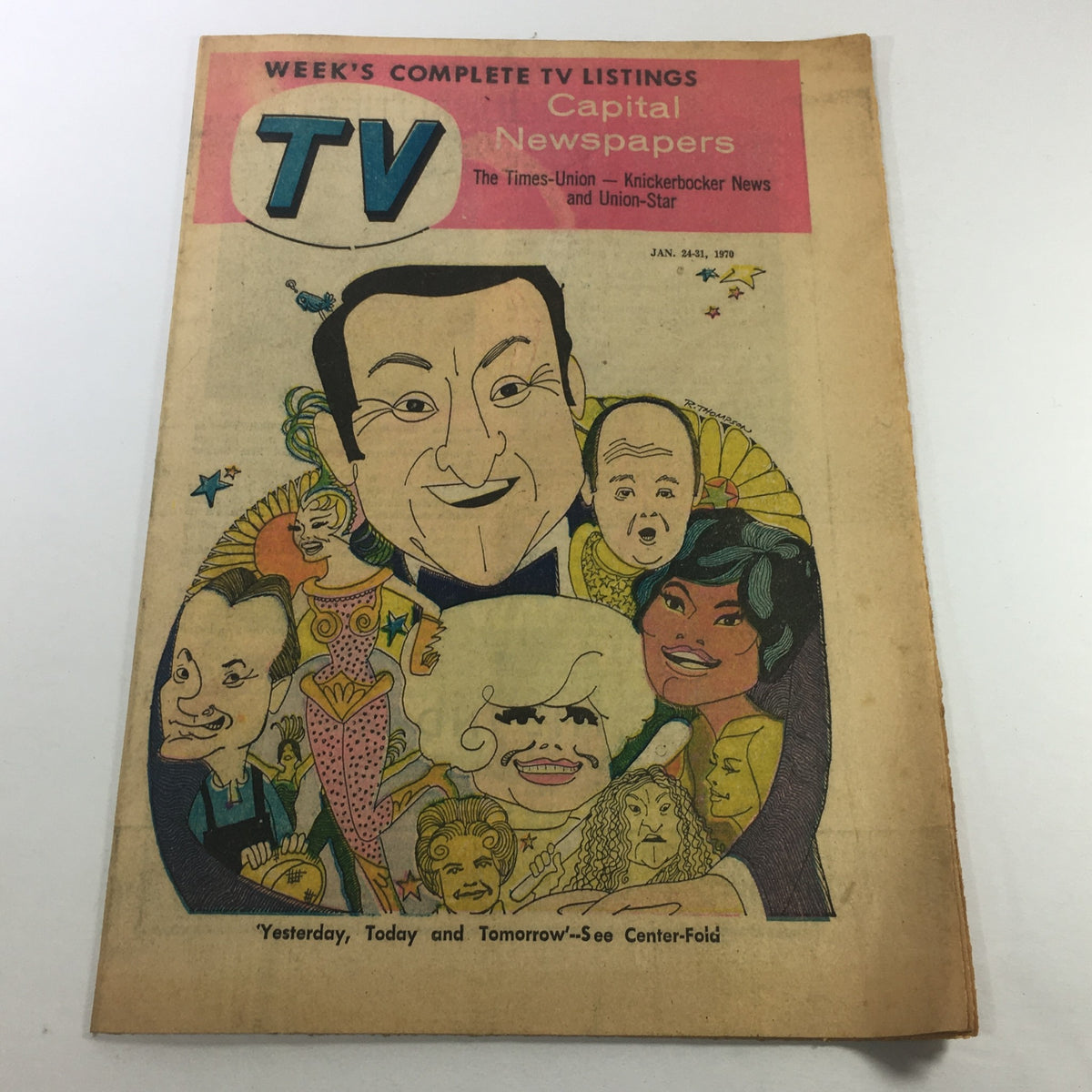 VTG TV Week's Complete TV Listings January 24-31 1970 cover featuring colorful caricatures of TV personalities, showcasing nostalgic entertainment from the era.
