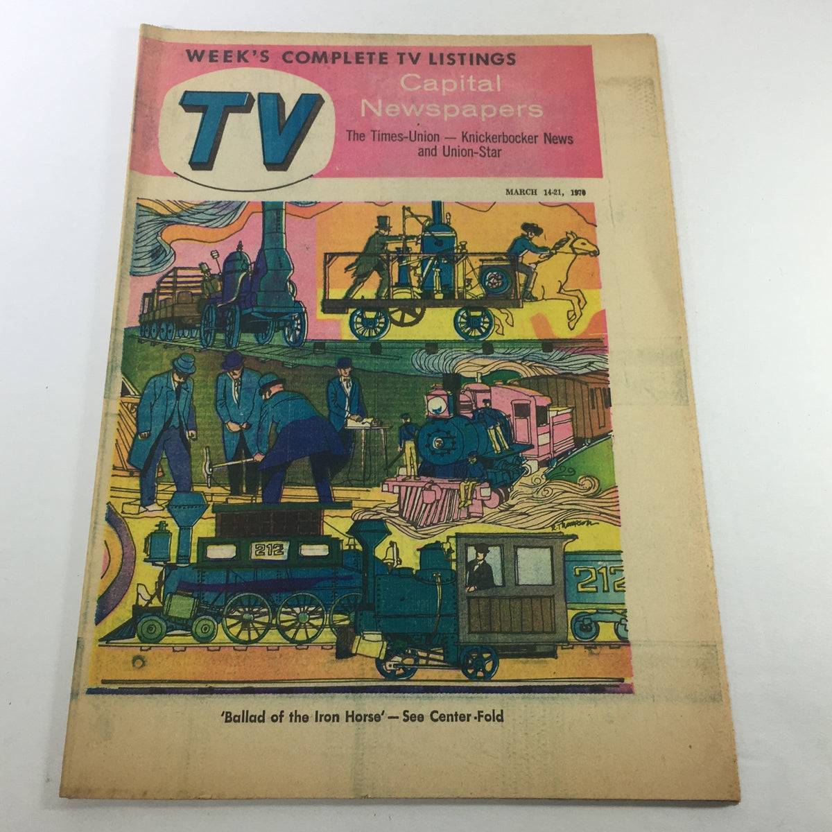 Cover of VTG TV Week's Complete TV Listings March 14-21 1970, featuring colorful illustrations of trains and television programming highlights.