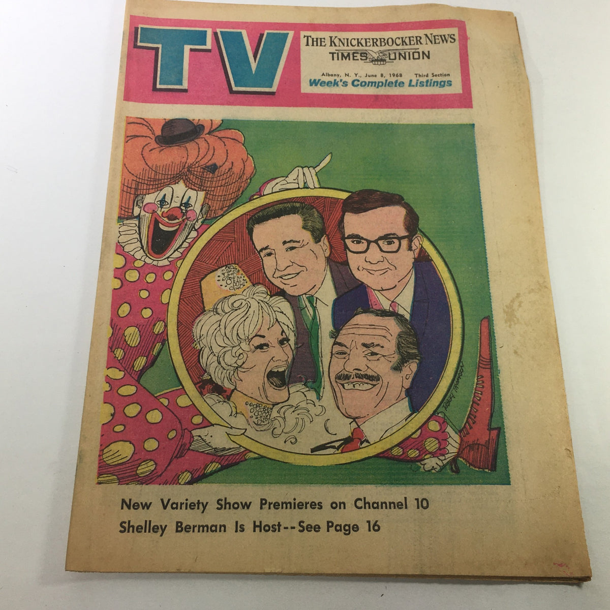 VTG TV Week's Complete TV Listings June 8 1968 featuring a colorful cover illustration with a clown and hosts, showcasing nostalgia for classic television programming.