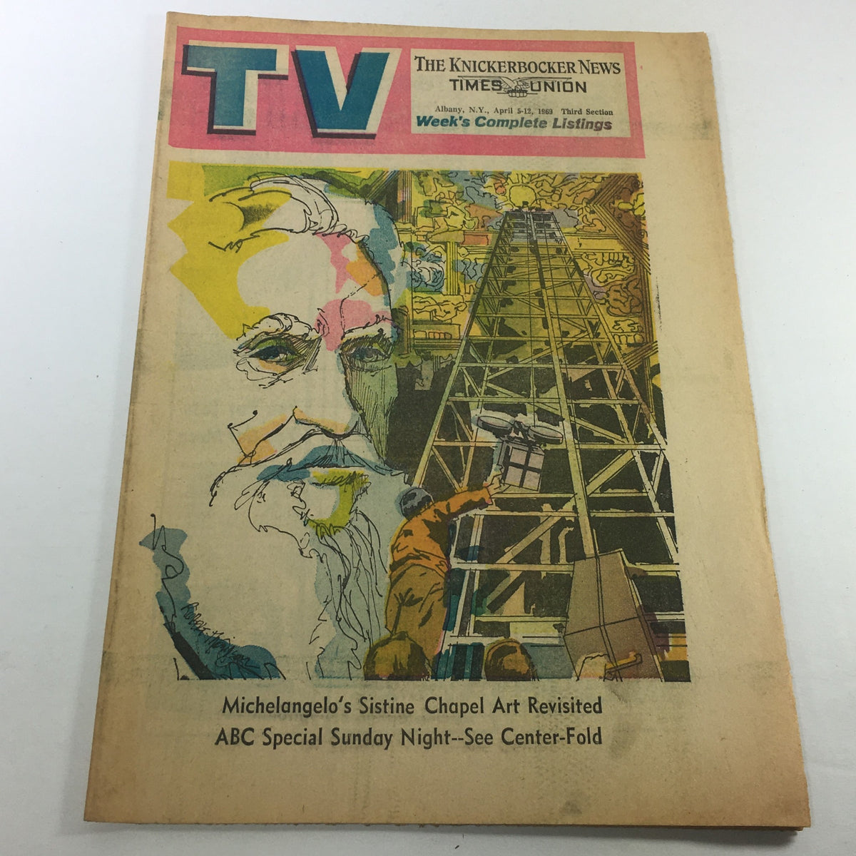 Cover of VTG TV Week's Complete TV Listings April 5-12 1969 featuring Michelangelo's Sistine Chapel. The artwork showcases a colorful illustration relevant to a television special.