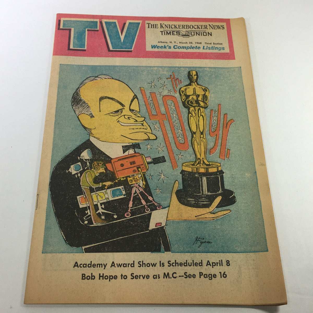 VTG TV Week's Complete TV Listings March 30 1968 featuring a colorful cover illustration of Bob Hope holding an Oscar statue, promoting his role as Master of Ceremonies for the Academy Award Show. The magazine displays classic TV programming of the late 1960s.