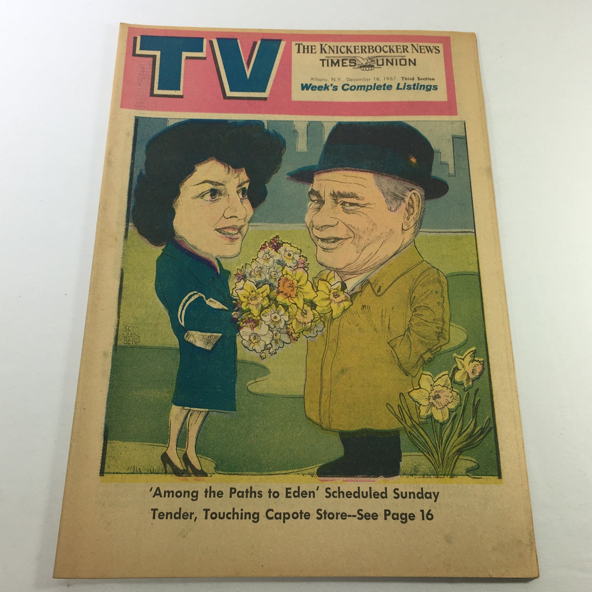 VTG TV Week's Complete TV Listings December 16 1967 cover illustration featuring a caricature of a woman with flowers and a man in a hat, promoting the episode 'Among The Paths to Eden'.