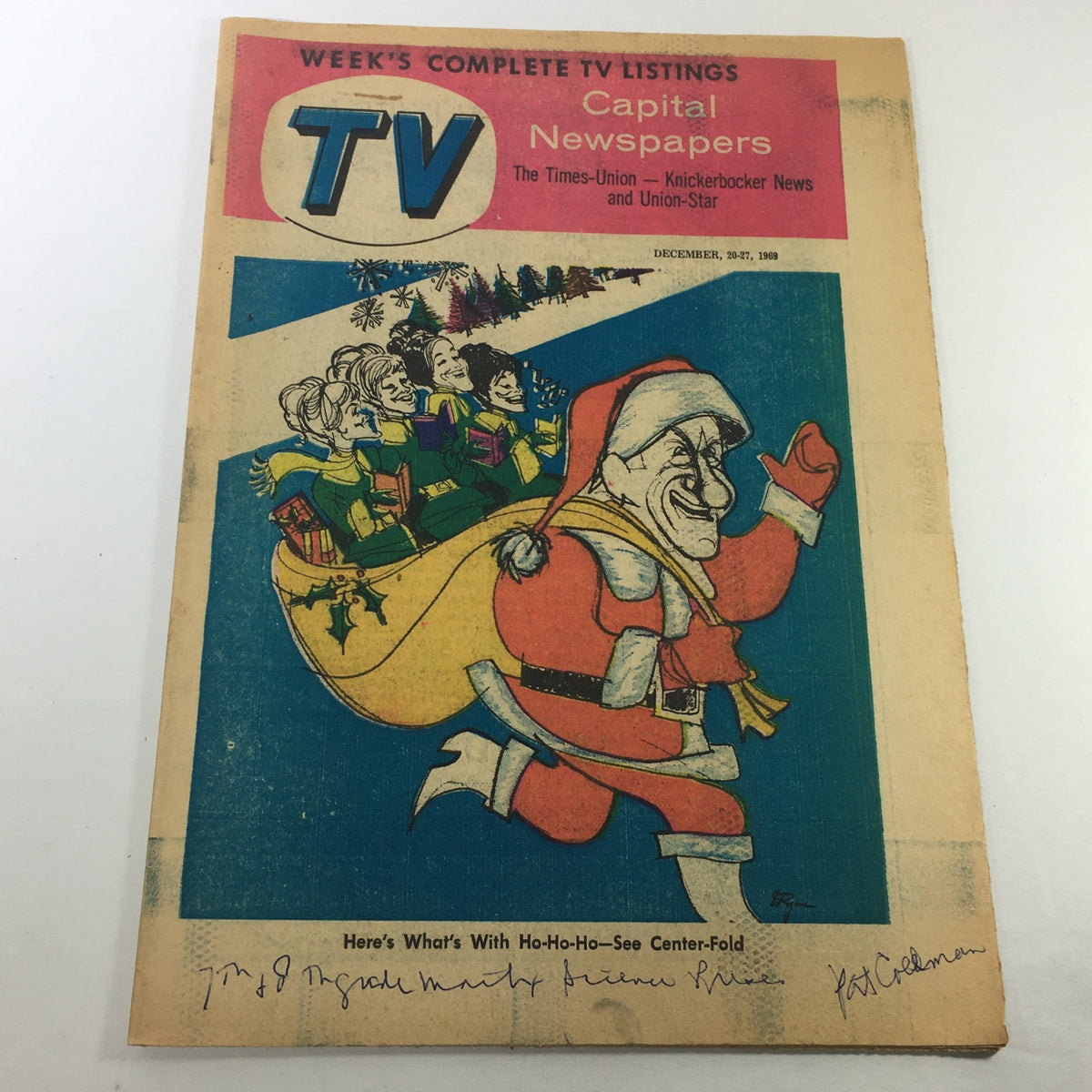 Cover of VTG TV Week's Complete TV Listings December 20-27 1969 - Santa Claus Ho-Ho-Ho featuring a colorful illustration of Santa Claus with a sack of gifts and cheerful characters in the background.