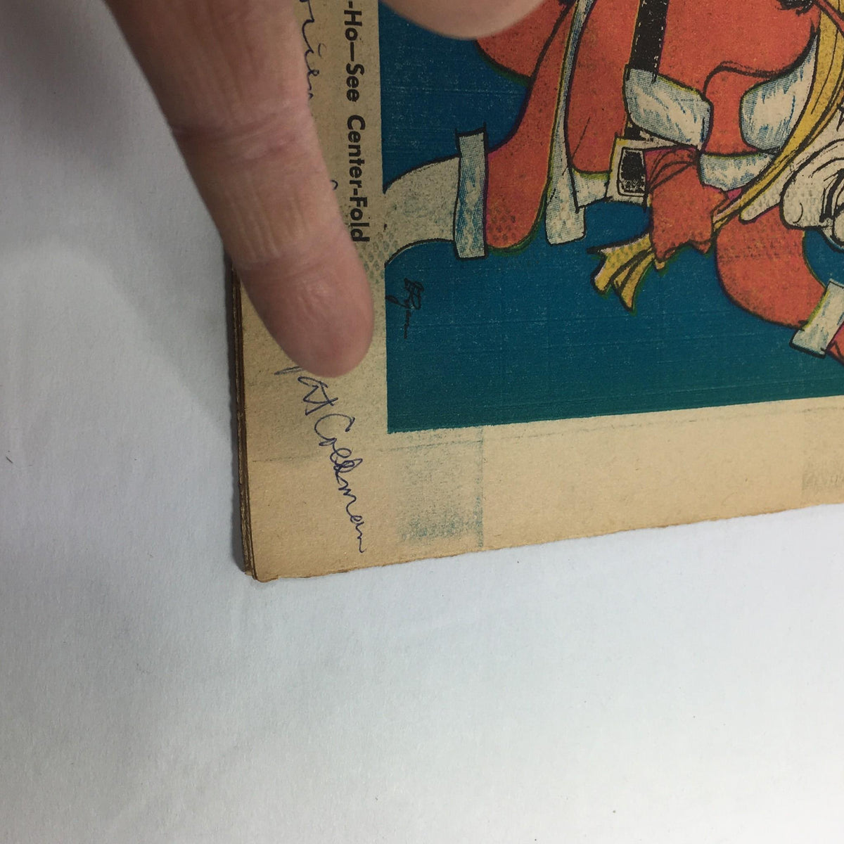 Close-up view of the signature on the VTG TV Week's Complete TV Listings December 20-27 1969 - Santa Claus Ho-Ho-Ho cover, showing the handwritten name 'Pat Coleman'.