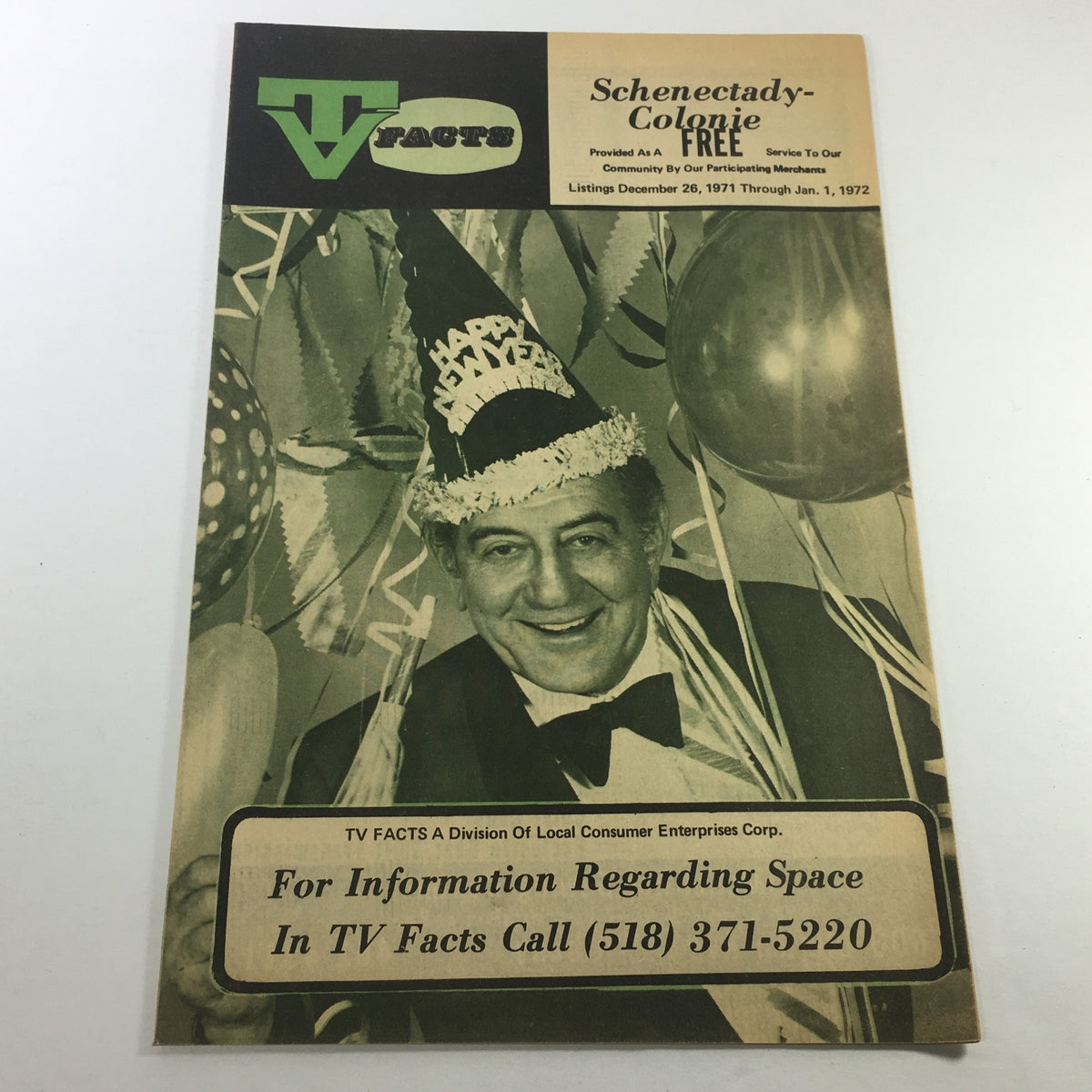 VTG TV Facts Weekly TV Listings: December 26 1971-January 1 1972 featuring Guy Lombardo on the cover, showcasing a festive theme with a party hat and decorative elements, from Schenectady-College publication.