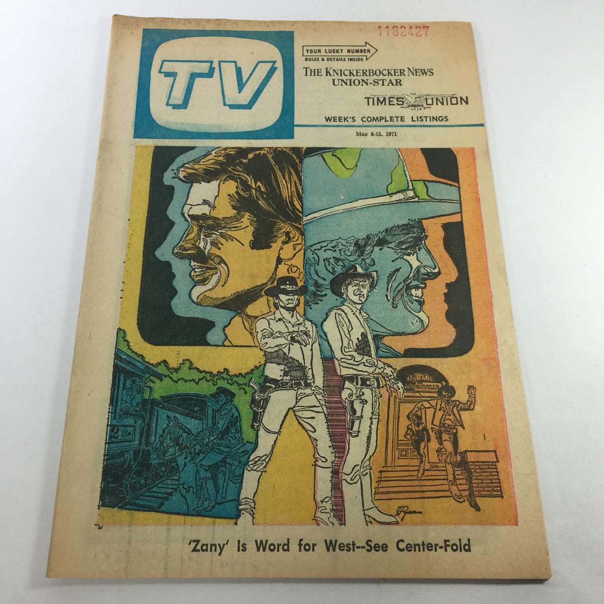 Cover of VTG TV Week's Complete TV Listings May 8-15 1971 featuring western-themed illustrations and the tagline 'Zany Is Word For West'.