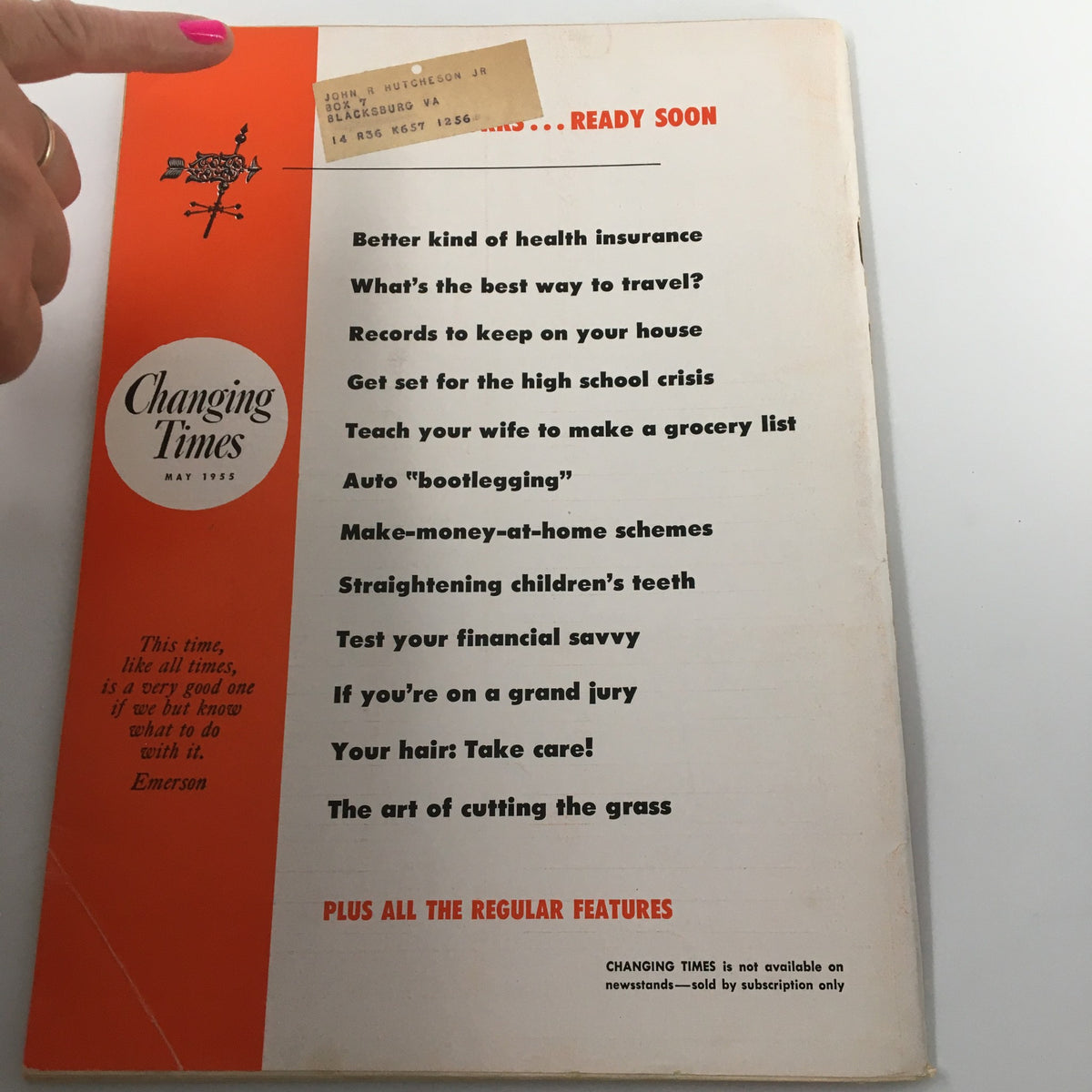 Back cover of VTG Changing Times Magazine May 1955 showing subscription details and various article topics including financial advice and home improvement.