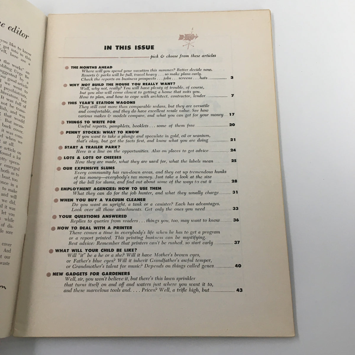 Contents page of VTG Changing Times Magazine April 1955 listing articles including 'Why Not Build The House You Really Want?' and various topics relevant to the era.