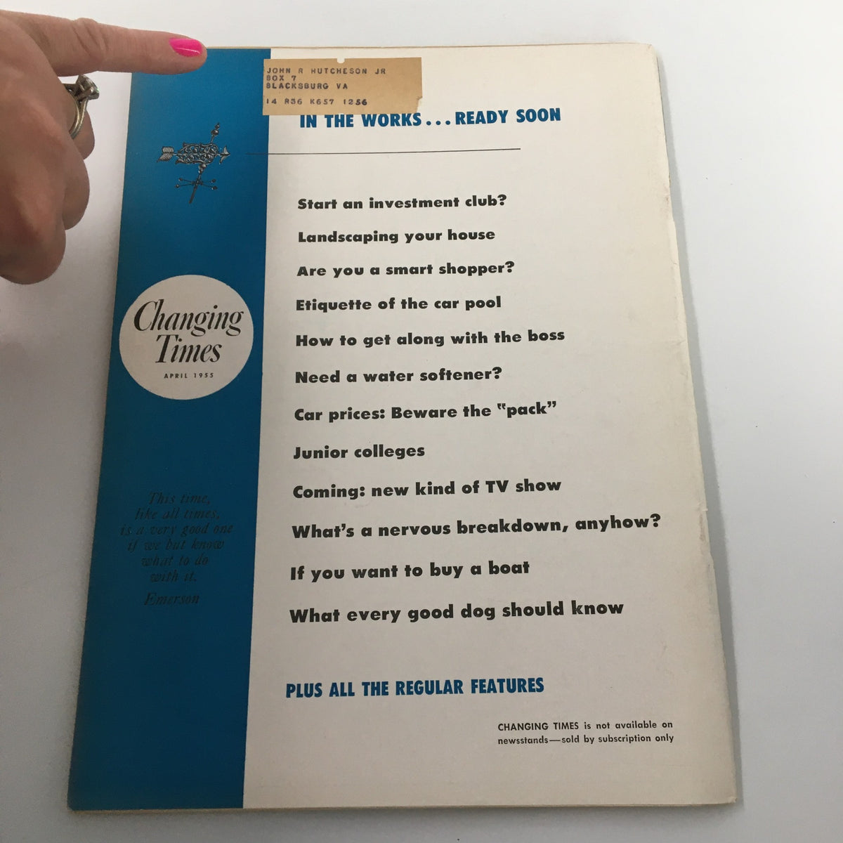Back cover of VTG Changing Times Magazine April 1955 featuring articles on investment clubs, landscaping, smart shopping, car etiquette, and more. Perfect for collectors and vintage enthusiasts.