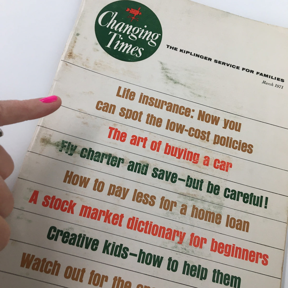 Cover of VTG Changing Times Magazine March 1971 featuring articles on low-cost life insurance, buying a car, and charter flights, emphasizing the theme 'Fly Charter and Save - But Be Careful'.