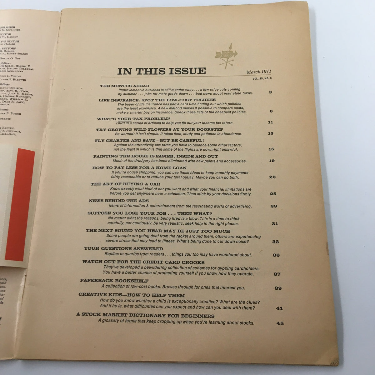Table of contents from VTG Changing Times Magazine March 1971 listing various articles, including insights on travel, life insurance, and buying a car.