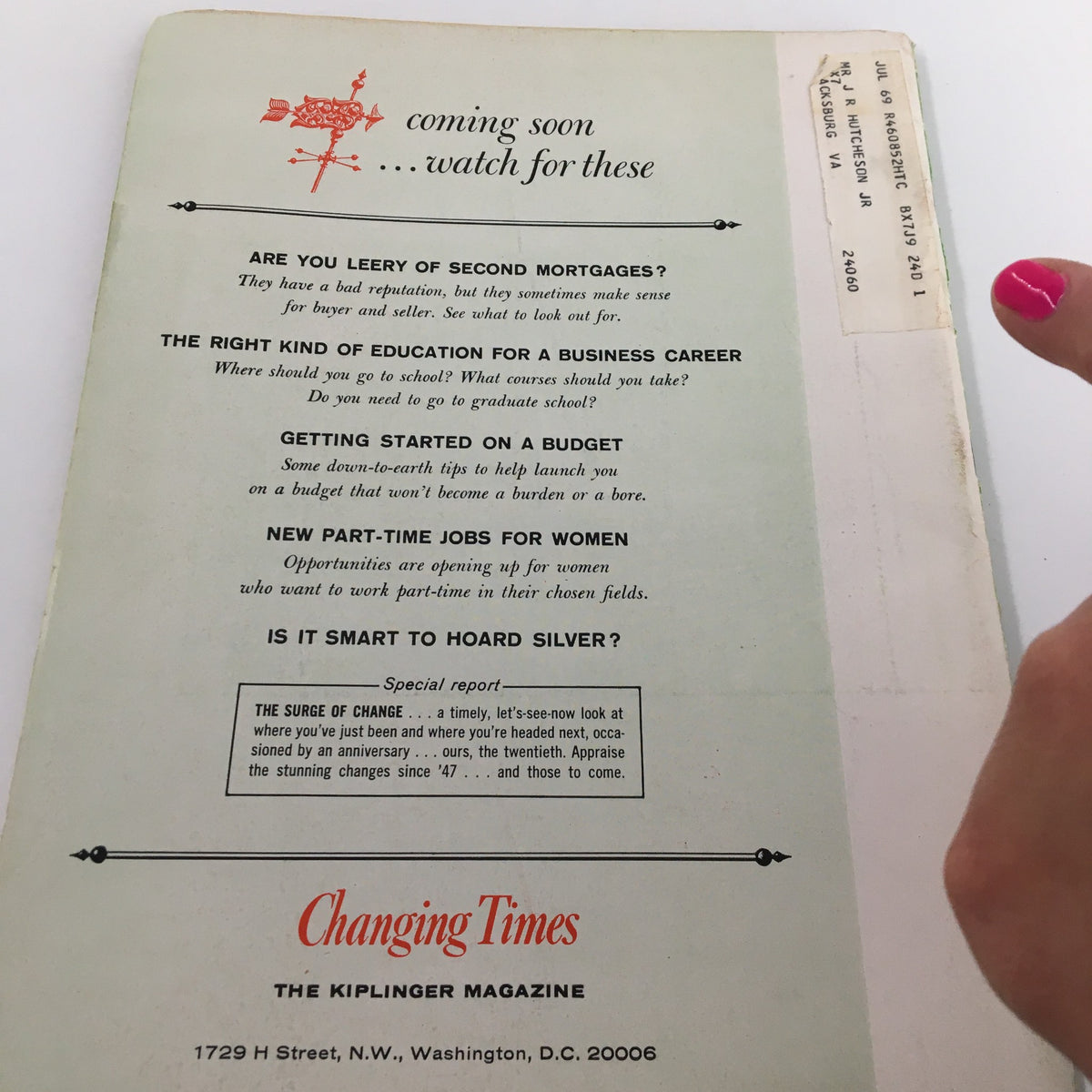 Back cover of the VTG Changing Times Magazine December 1966, featuring teasers for upcoming articles and contact information for subscriptions.