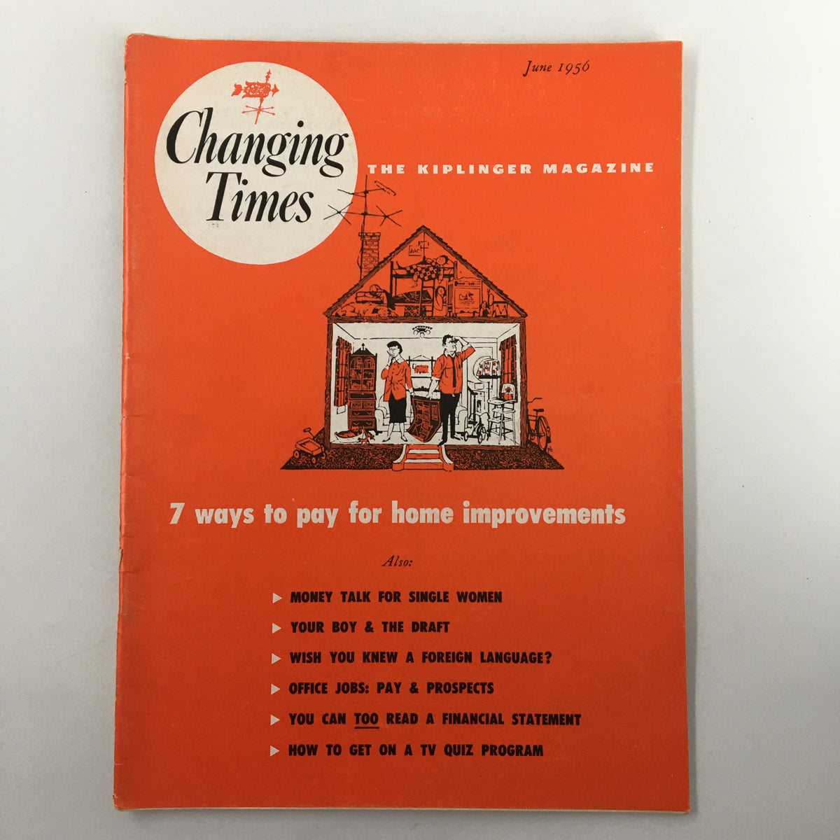 VTG Changing Times Magazine from June 1956 featuring an illustration of people discussing home improvements, showcasing the theme '7 Ways To Pay For Home Improvements'