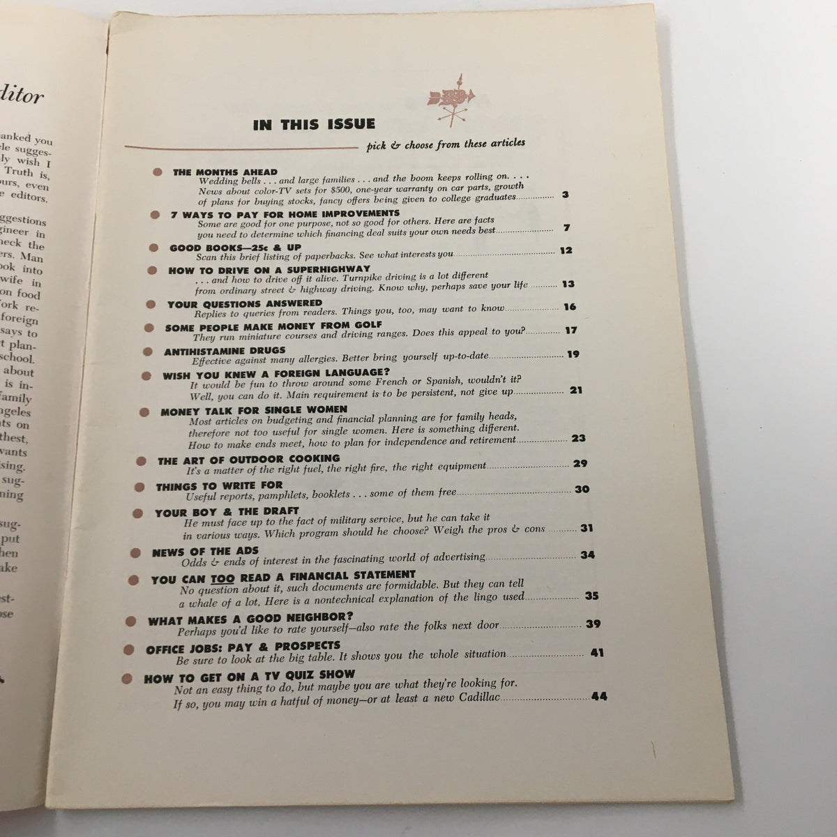Table of contents from the VTG Changing Times Magazine June 1956, featuring articles including '7 Ways to Pay for Home Improvements' and other engaging topics from the 1950s.