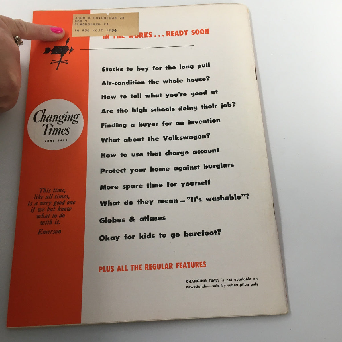 Back cover of the VTG Changing Times Magazine June 1956, showcasing upcoming articles and advertising vintage content, embodying the charm of mid-century publications.