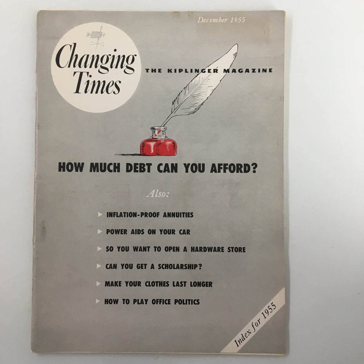 Cover of VTG Changing Times Magazine, December 1955, featuring the headline 'How Much Debt Can You Afford?' along with topics including 'So You Want To Open A Hardware Store.'