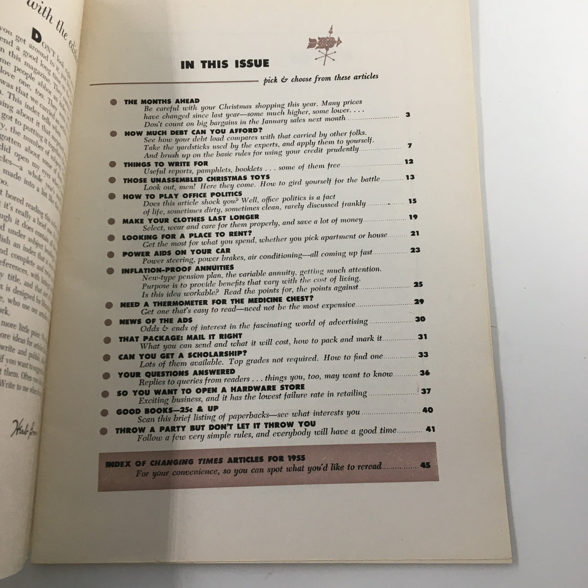 Table of contents page from VTG Changing Times Magazine, December 1955, listing articles including 'So You Want To Open A Hardware Store' and various financial topics.