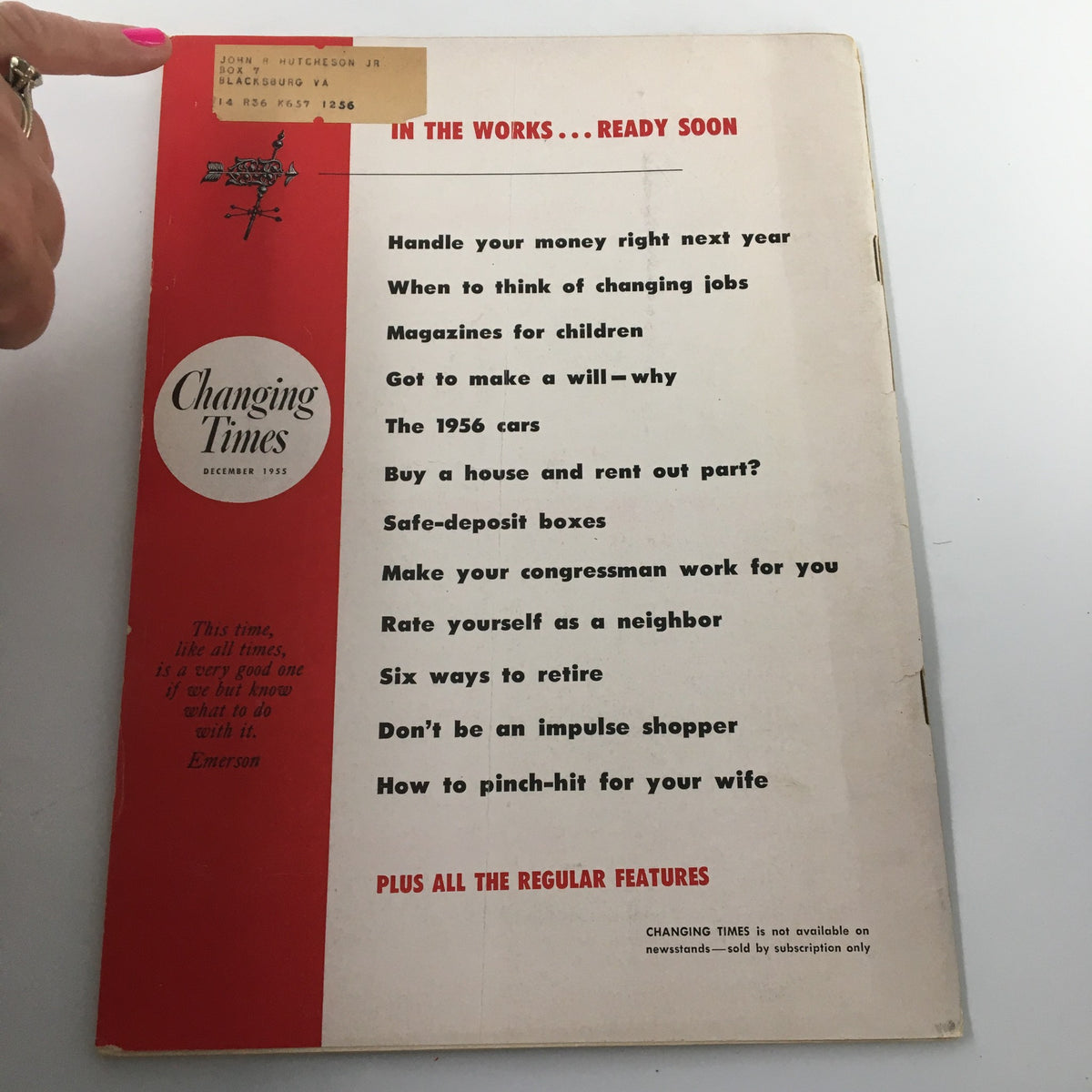 Back cover of VTG Changing Times Magazine, December 1955, showcasing additional topics such as 'Buy a House and Rent Out Part?' and other features.