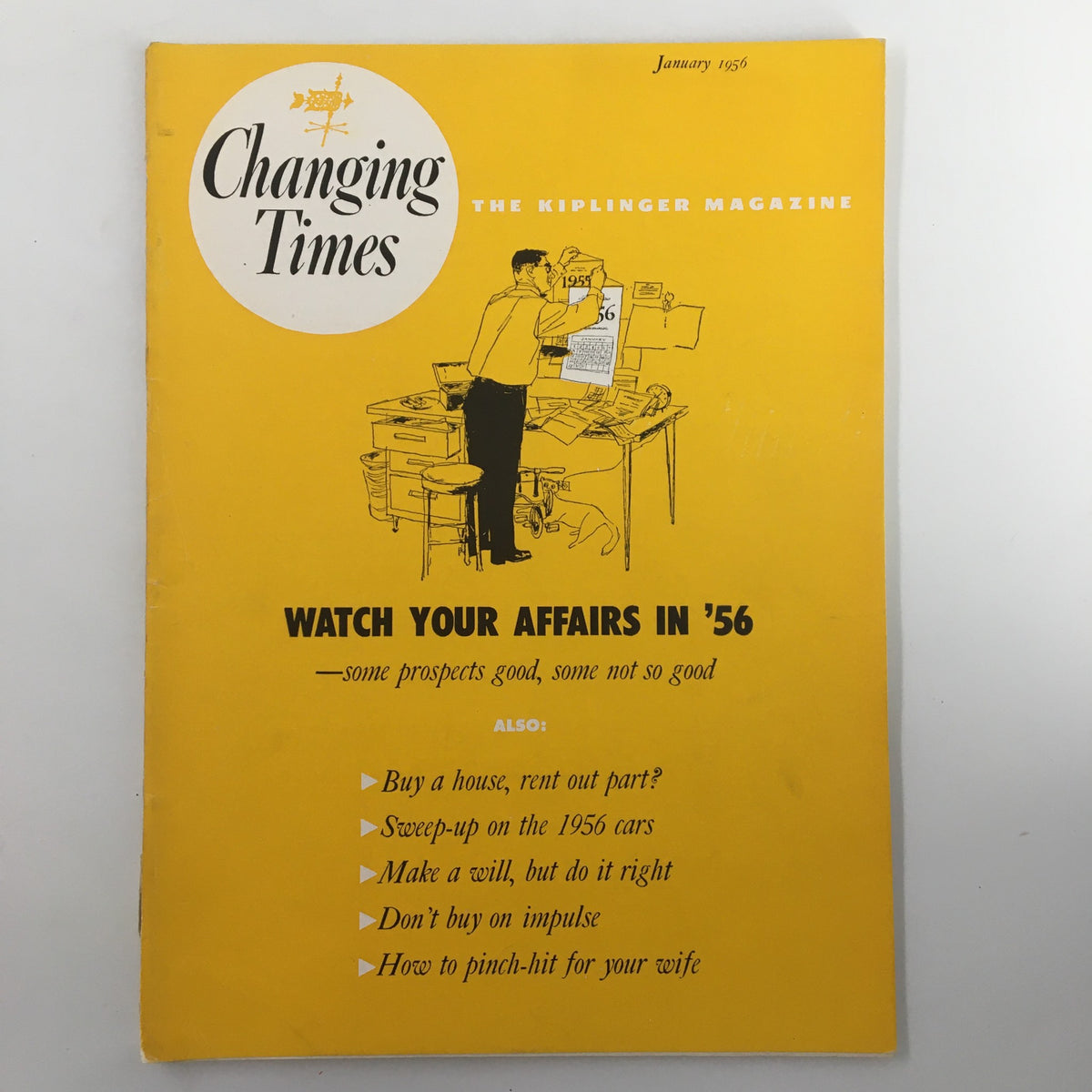 Cover of VTG Changing Times Magazine January 1956, featuring the title 'Watch Your Affairs in '56' and an illustration of a man at a desk.