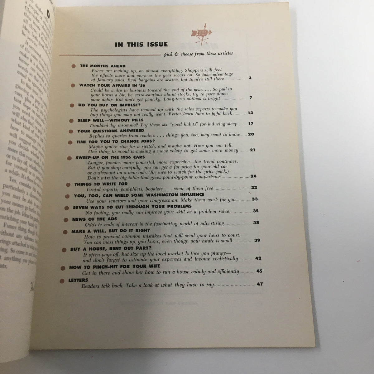 Table of contents from VTG Changing Times Magazine January 1956, listing various articles including 'How to Pinch-Hit for Your Wife'.