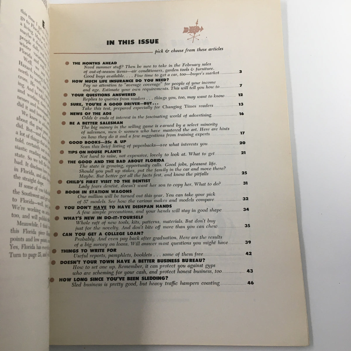 Table of contents from VTG Changing Times Magazine February 1956, featuring articles on life insurance, health tips, and financial advice.