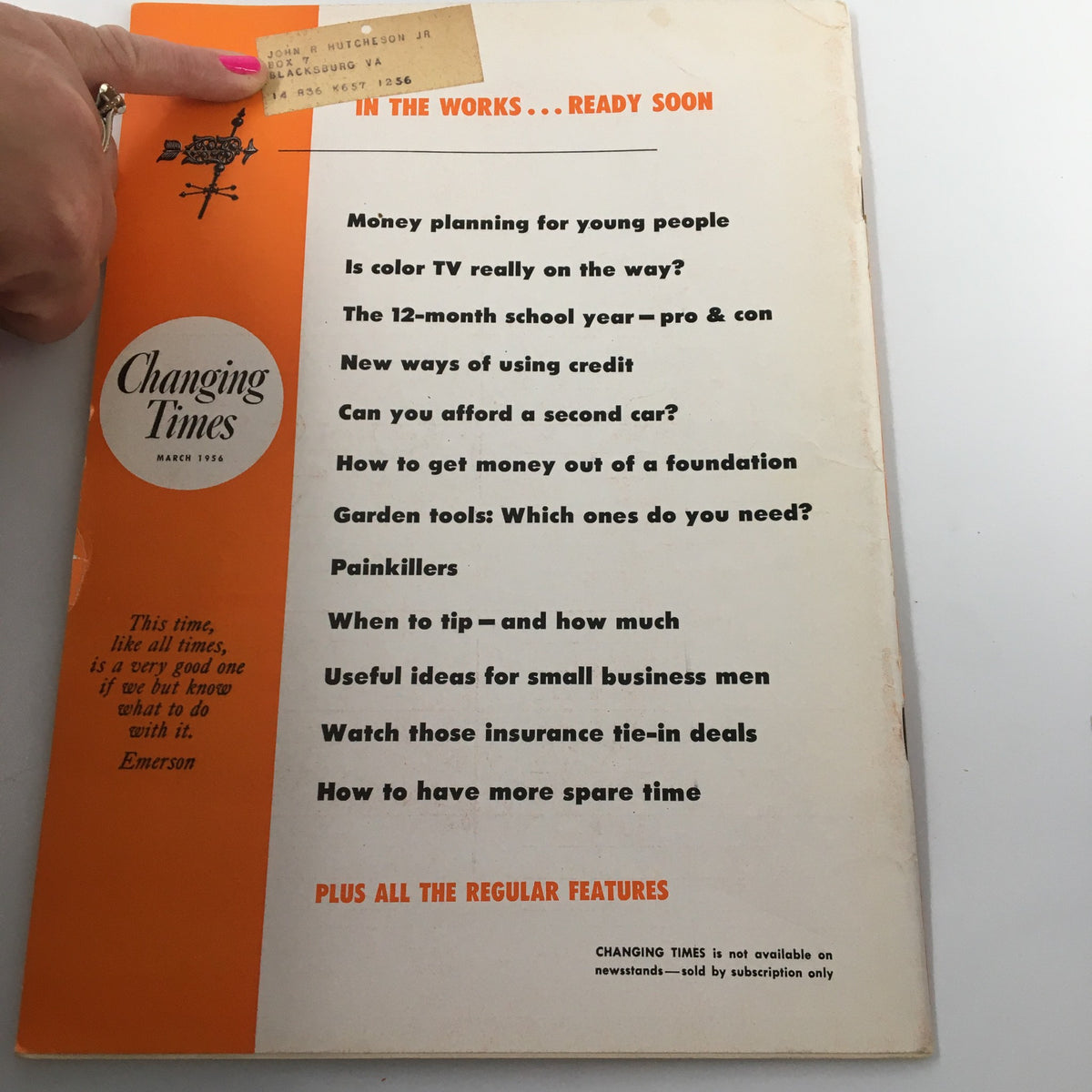 Back cover of VTG Changing Times Magazine March 1956 showcasing future article highlights and a vintage label, adding to its collectible appeal.