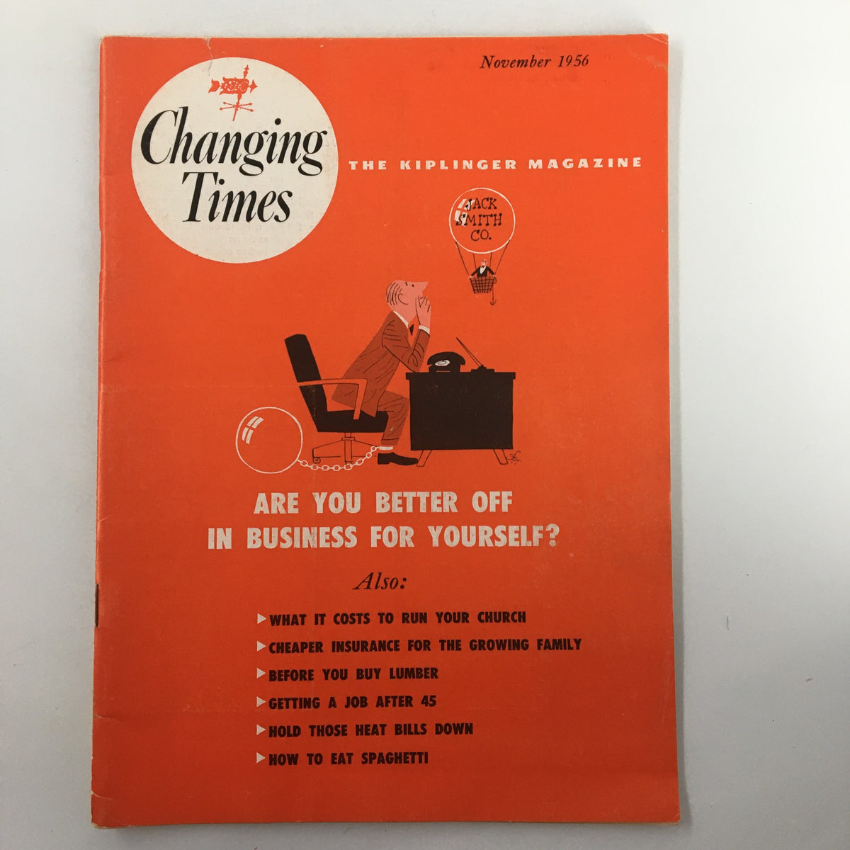 Cover of VTG Changing Times Magazine November 1956 featuring the headline 'Are You Better Off in Business for Yourself?' with an illustration of a businessman in an office setting.