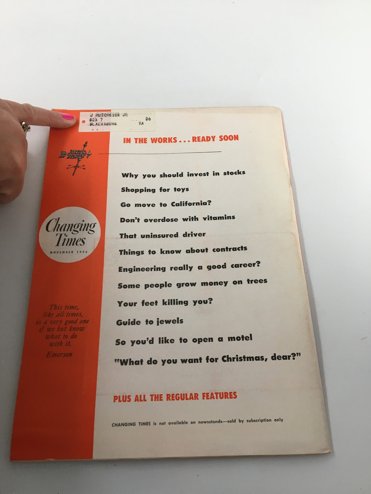 Back cover of VTG Changing Times Magazine November 1956 featuring upcoming article topics and a label indicating a previous owner's information.