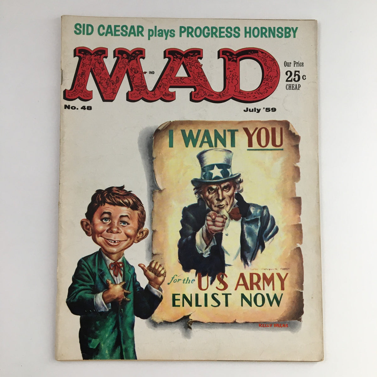 Cover of Mad Magazine July 1959 No. 48 featuring a caricature of a boy and Uncle Sam with the tagline 'I Want You for the U.S. Army Enlist Now'.