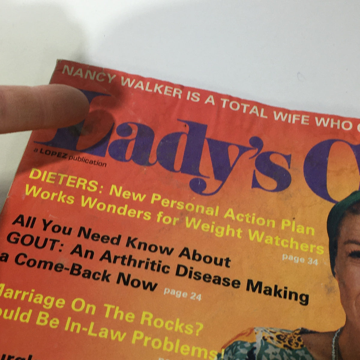Close-up of the cover of VTG Lady's Circle Magazine January 1976 with emphasis on Nancy Walker and bold headlines about dieting and lifestyle tips.