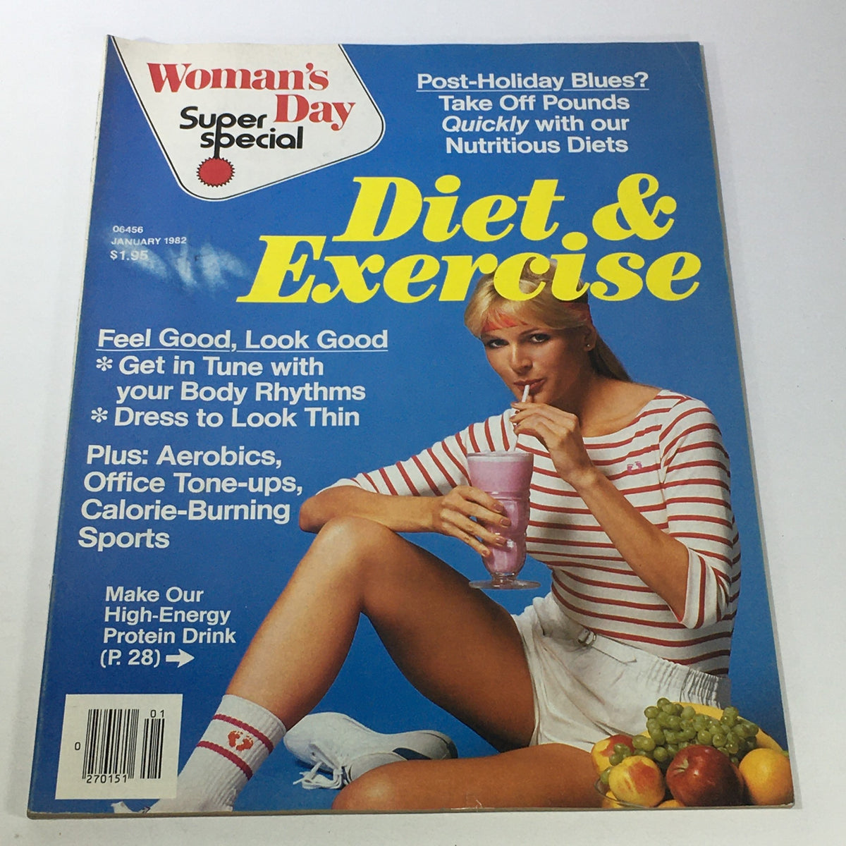 Vintage Woman's Day Magazine January 1982 with a focus on Diet and Exercise. The cover features a model sipping a smoothie and highlights tips for looking good and getting in tune with body rhythms.