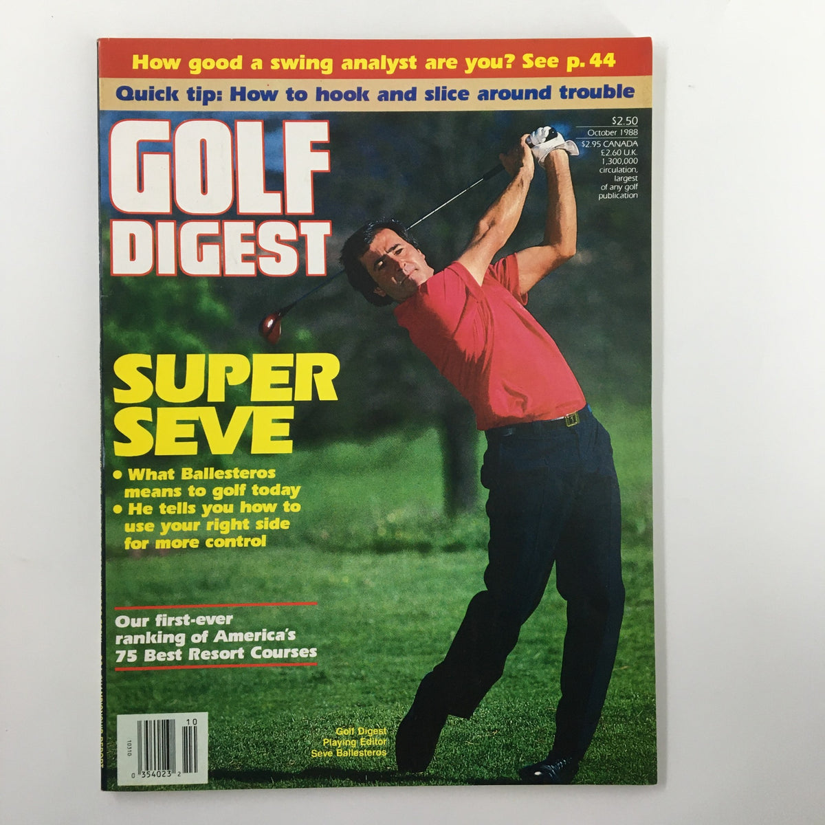 Cover of Golf Digest Magazine, October 1988 featuring Seve Ballesteros as Playing Editor, titled 'SUPER SEVE' with images and highlights about golf tips and America's 75 best resort courses.