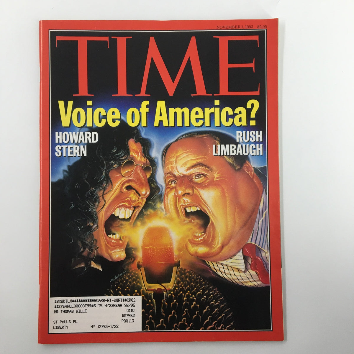 Cover of Time Magazine from November 1, 1993, featuring the title 'Voice of America?' highlighting Howard Stern and Rush Limbaugh. The cover showcases a vibrant illustration of both personalities passionately speaking into a microphone, surrounded by an audience.