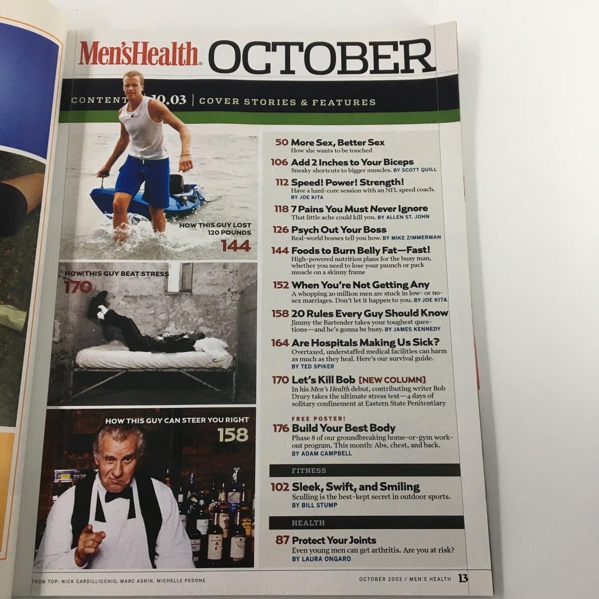 Inside pages of Men's Health Magazine October 2003, detailing content including fitness tips and articles related to health for men.