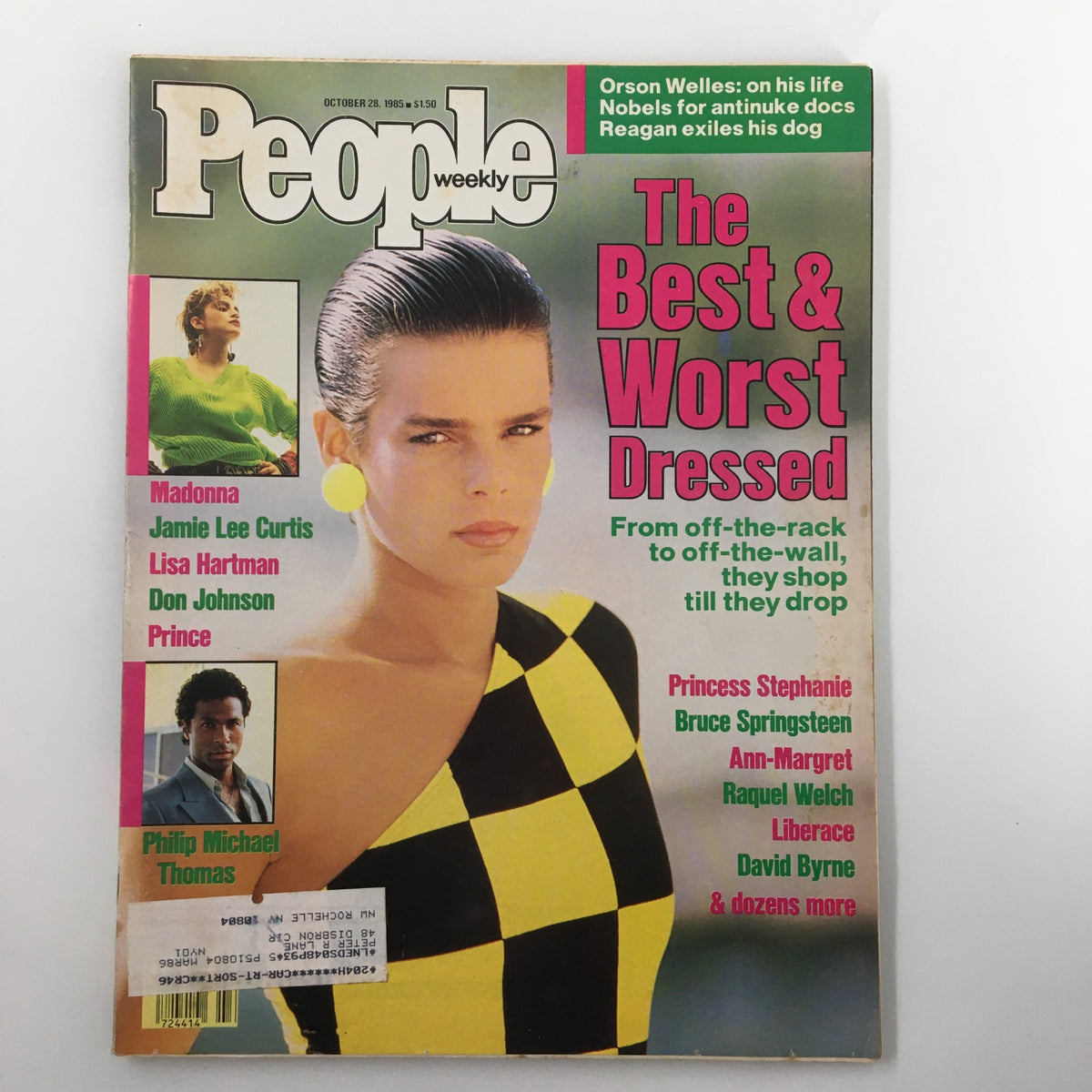 Cover of VTG People Weekly Magazine from October 28, 1985 featuring Madonna, Jamie Lee Curtis, and Prince. The headline reads 'The Best & Worst Dressed' with vivid imagery representing 1980s pop culture.