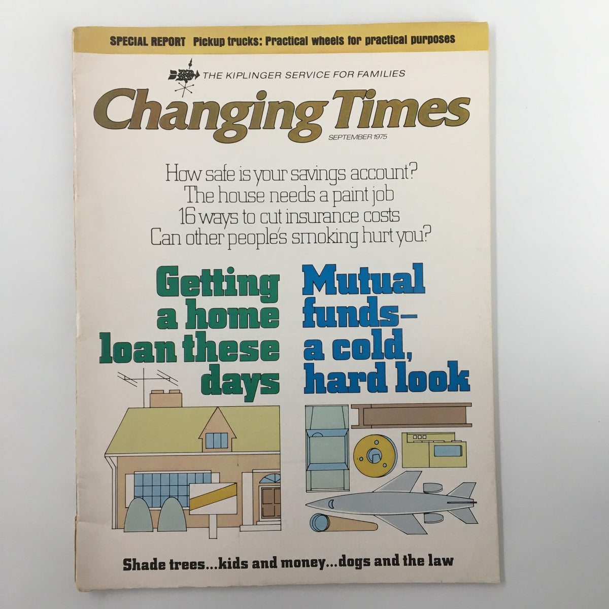 Cover of VTG Changing Times Magazine from September 1975, featuring the article 'Getting A Home Loan These Days' and illustrations related to home financing.