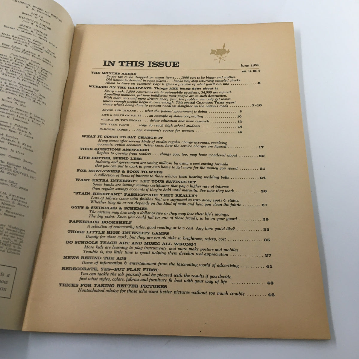 Interior page of the VTG Changing Times Magazine June 1965 displaying the table of contents, including various articles and topics related to social concerns of the era.
