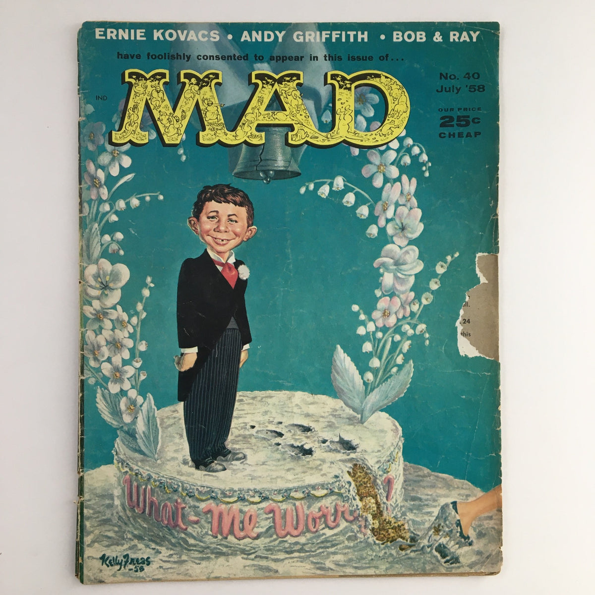 Mad Magazine July 1958 No. 40 cover featuring the iconic 'What-Me Worry Wedding' illustration, showcasing a caricature in a tuxedo standing on a wedding cake.