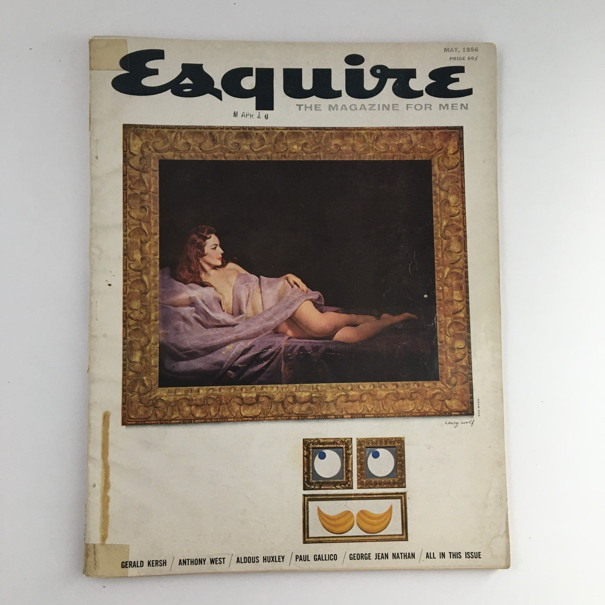 Cover of Esquire Magazine May 1956 featuring artwork with a reclining woman and contributions from Gerald Kersh, Anthony West, and Aldous Huxley.