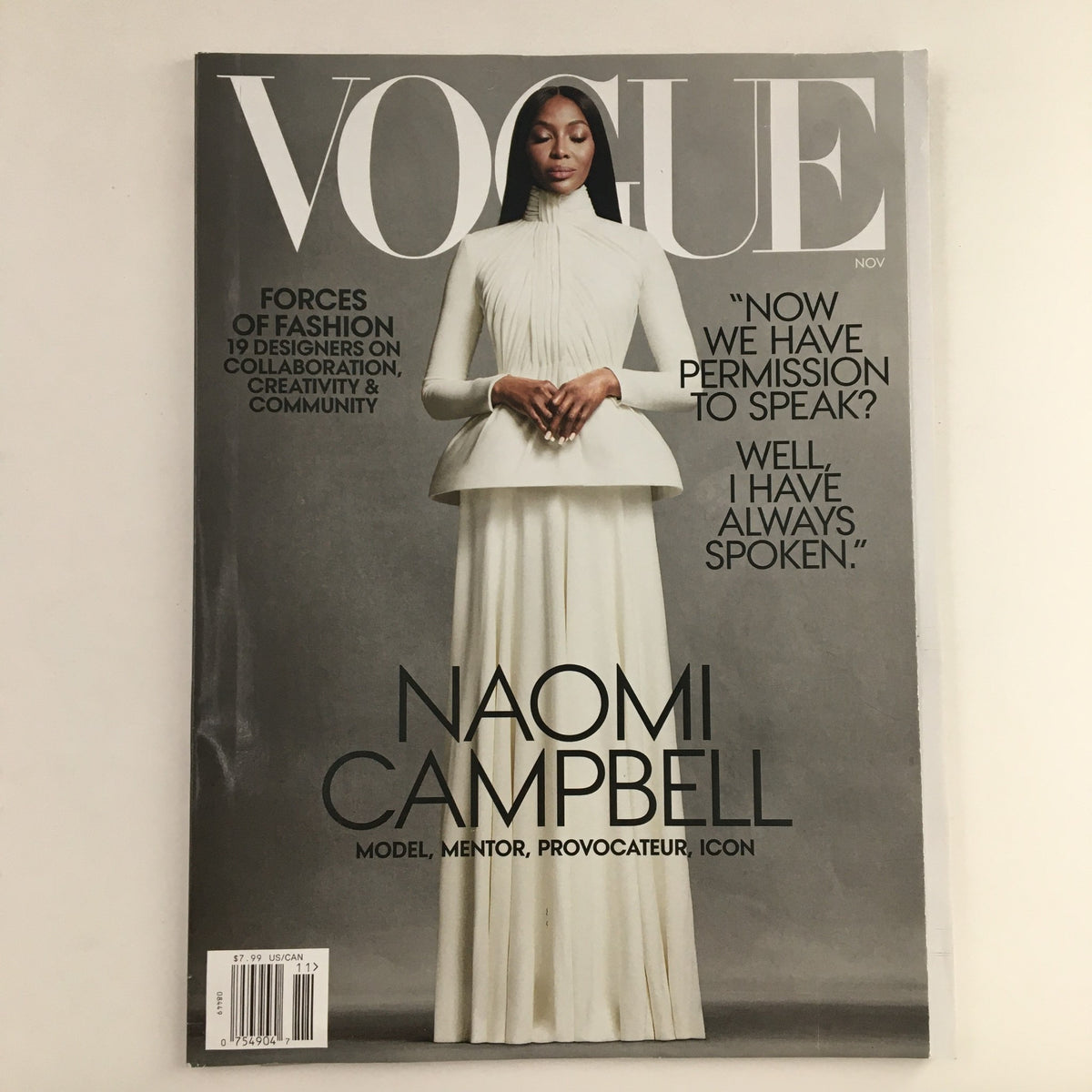 Cover of Vogue Magazine November 2020 featuring model Naomi Campbell, described as a model, mentor, provocateur, and icon.