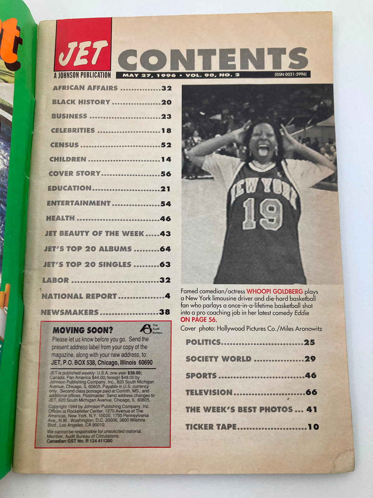 Contents page of Jet Magazine May 27, 1996, Vol 90 #2, featuring Whoopi Goldberg and listing various sections, including the cover story on her film 'Eddie'.