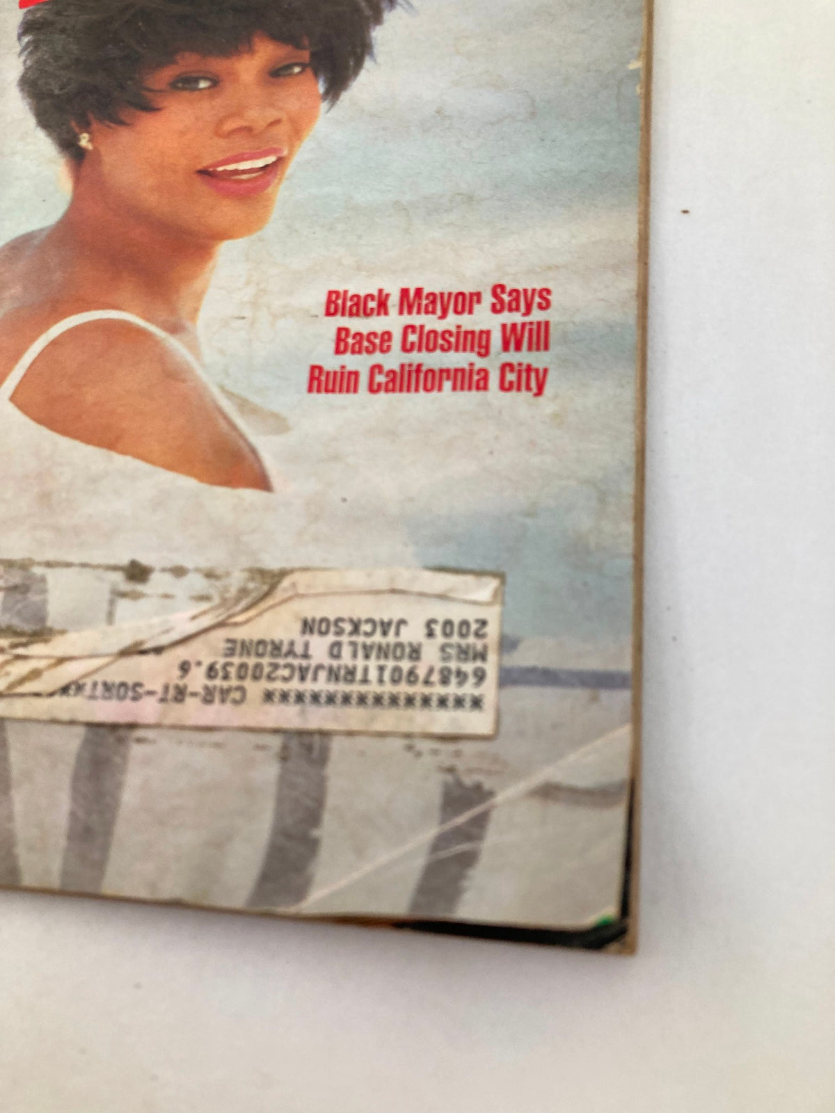 Close-up of the VTG Jet Magazine March 29 1993 cover showing Dionne Warwick and an article headline regarding a California mayor, along with visible wear and an address label.