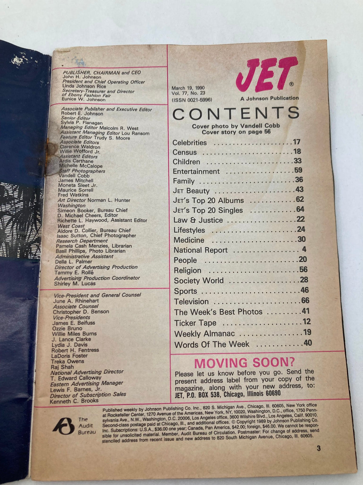 Contents page of VTG Jet Magazine March 19 1990 Vol 77 #23 with publisher information and article topics including celebrities, medicine, and law.
