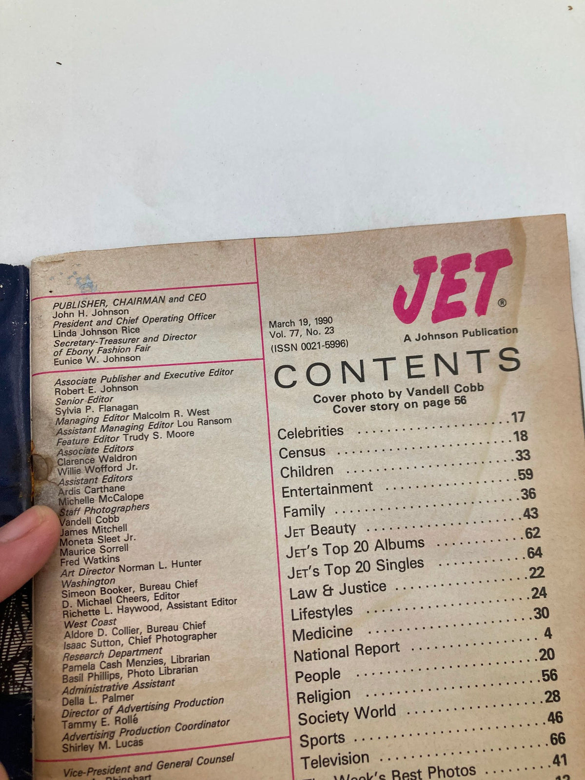 Close-up of the contents page of VTG Jet Magazine March 19 1990 Vol 77 #23 showing article highlights and key contributors.