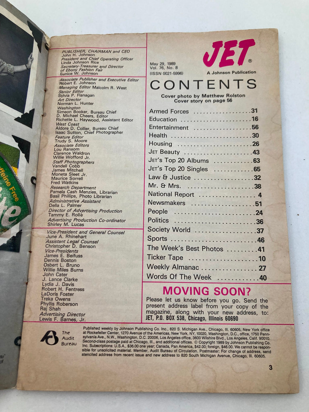 Contents page of VTG Jet Magazine May 29 1989 Vol 76 #8 detailing sections like Armed Forces, Education, and Entertainment, published by Johnson Publishing Company.