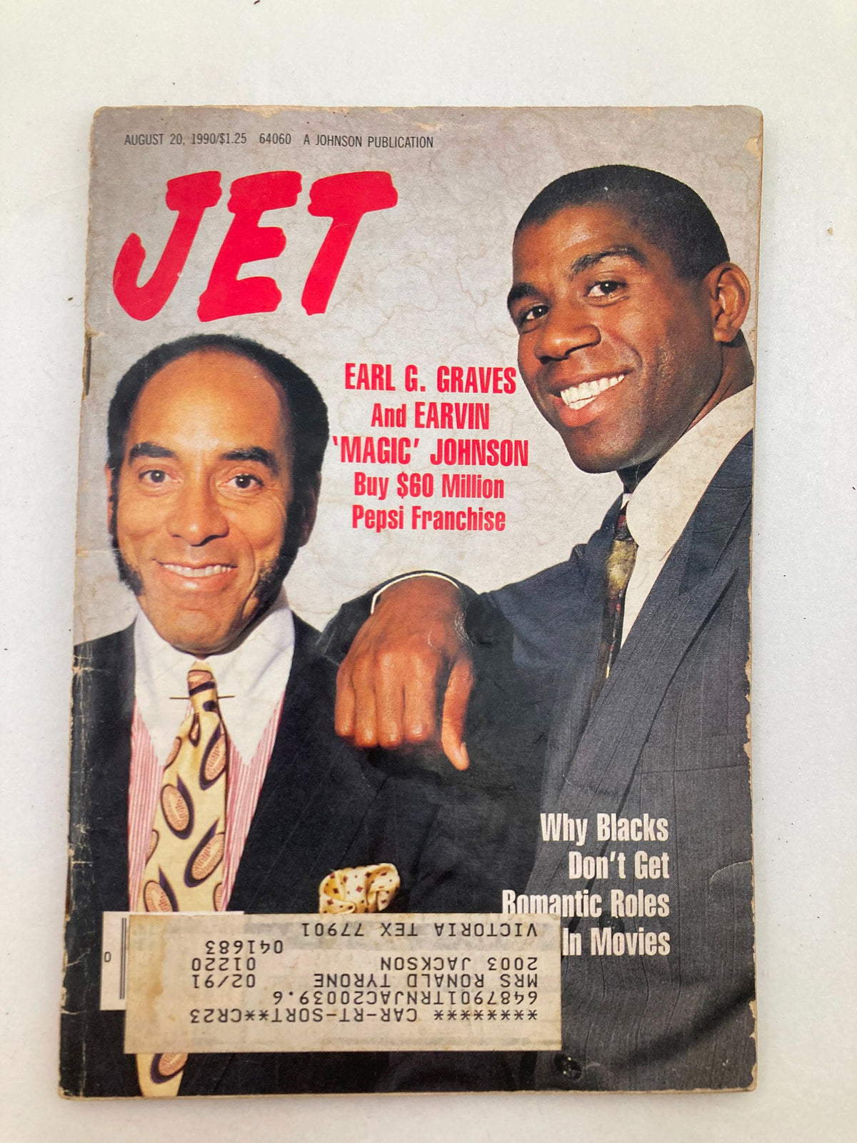 Cover of VTG Jet Magazine August 20 1990 Vol 78 #19 featuring Earl G. Graves and Earvin 'Magic' Johnson, showcasing their purchase of a Pepsi franchise, with headlines discussing representation in film.