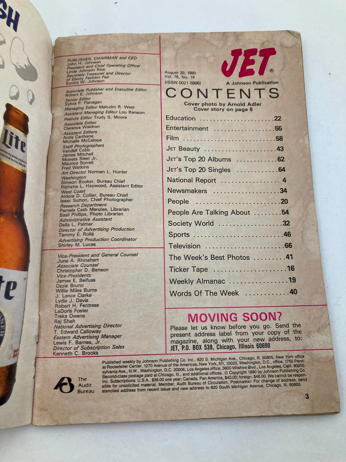Interior page of the VTG Jet Magazine August 20 1990 Vol 78 #19 displaying the contents section and publisher information.