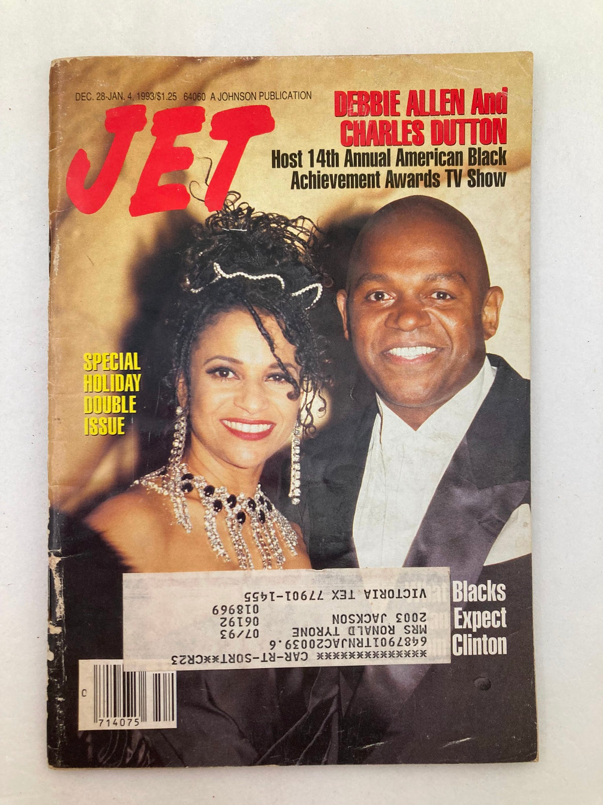 Cover of VTG Jet Magazine December 28 1992 Vol 83 #10 featuring Debbie Allen and Charles Dutton, highlights their hosting of the 14th Annual American Black Achievement Awards TV Show.